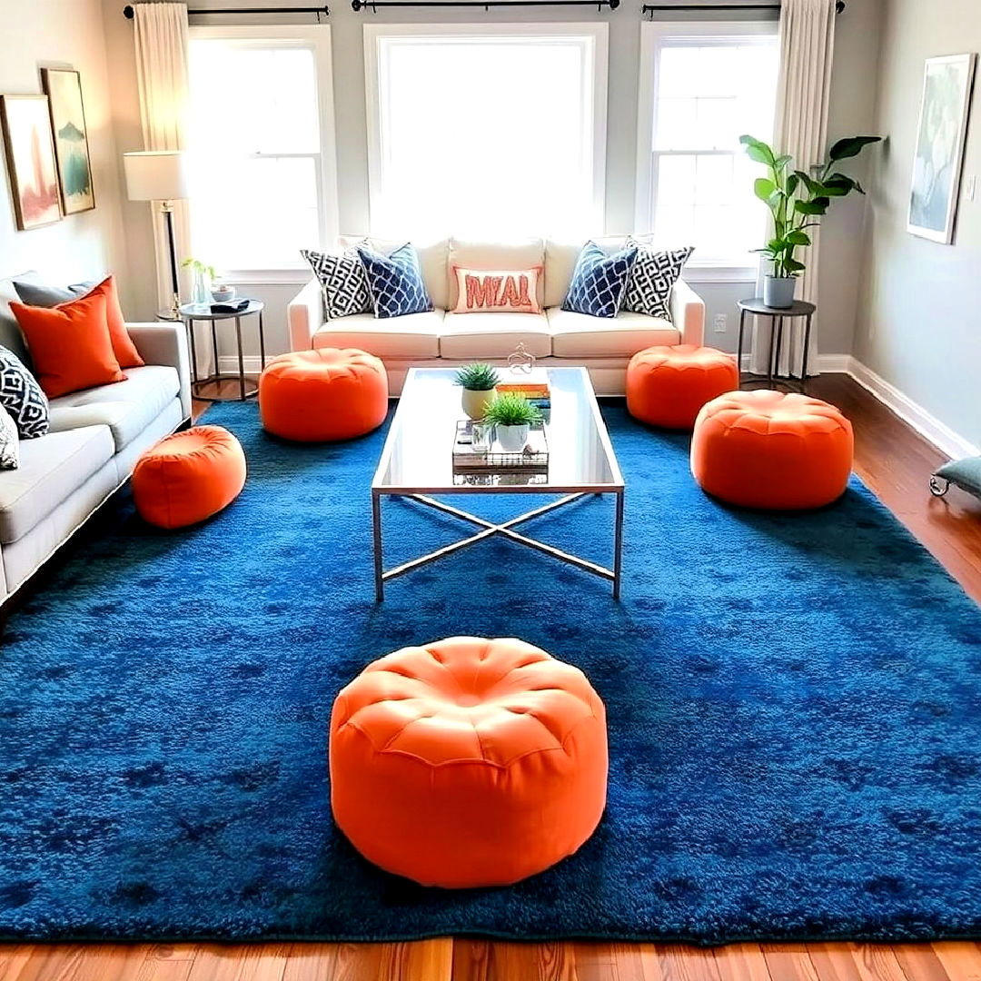 blue rug with orange poufs for a cozy contrast