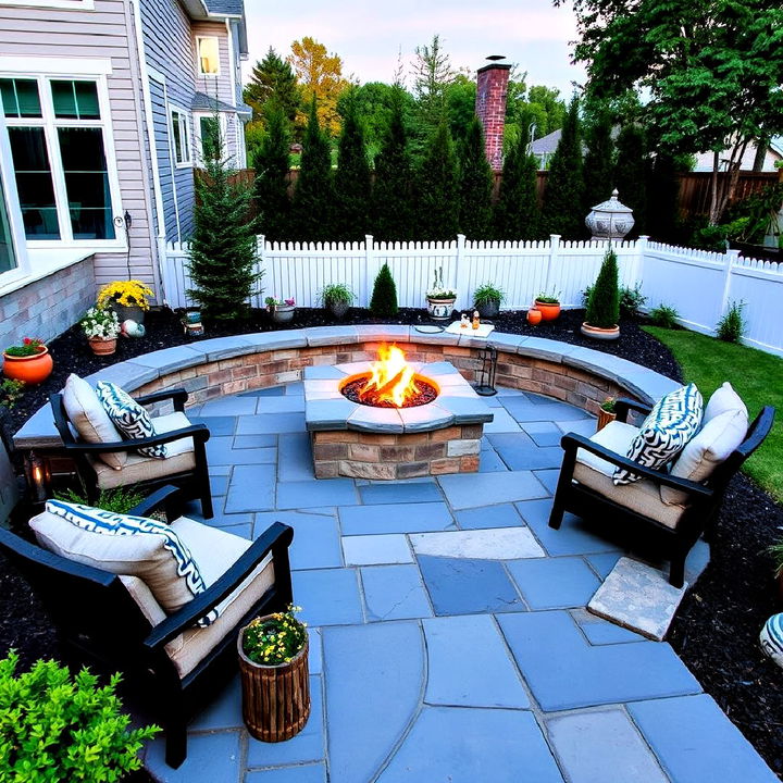 bluestone patio with a cozy fire pit gathering space