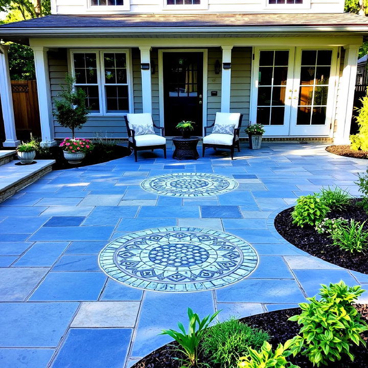 bluestone patio with patterned inlays to create a unique look