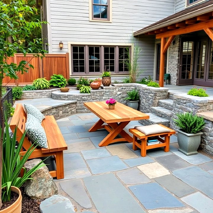 bluestone patio with wooden benches and table