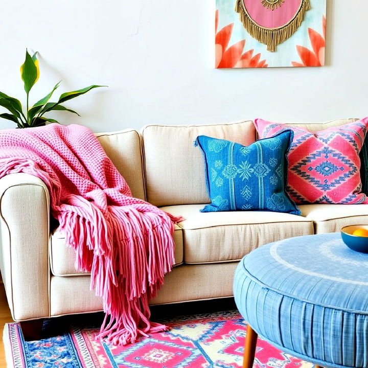 bohemian layers with pink and blue textured fabrics