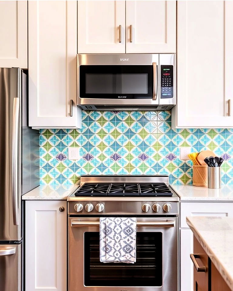 bold backsplash with stainless steel appliances