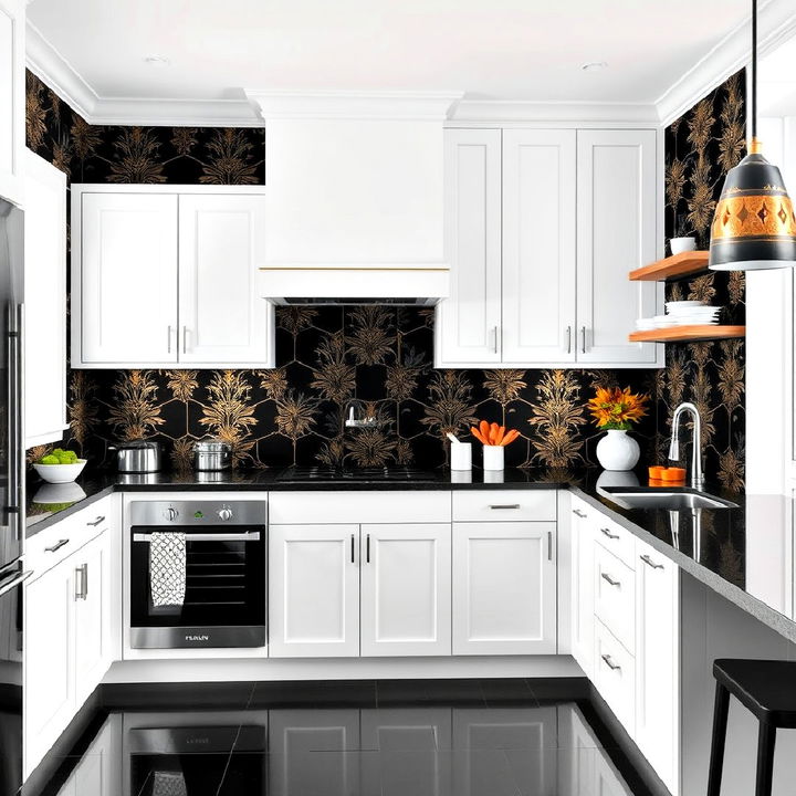 bold black and gold patterned wallpaper in a sleek white kitchen