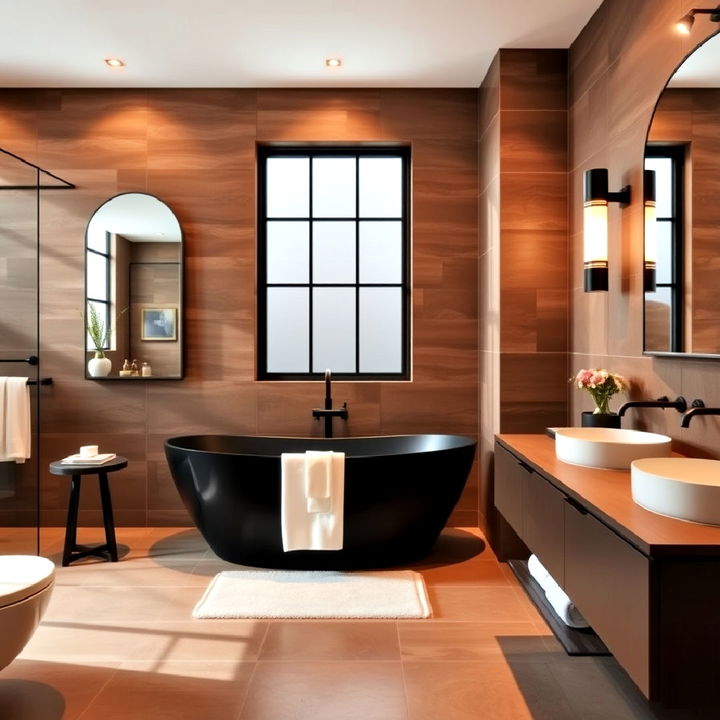 bold black bathtub with a soft brown surround