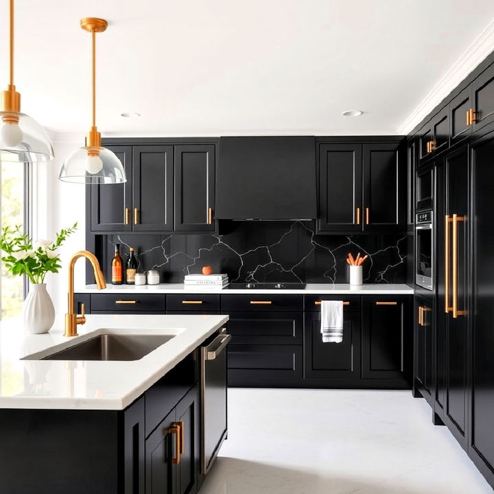 bold black cabinets with elegant gold touches