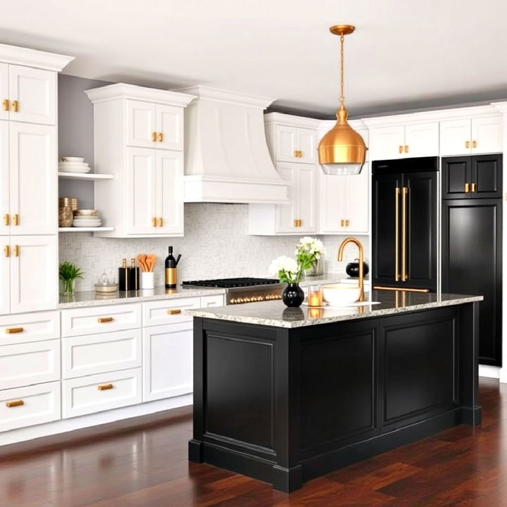 bold black island with white cabinets and gold accessories