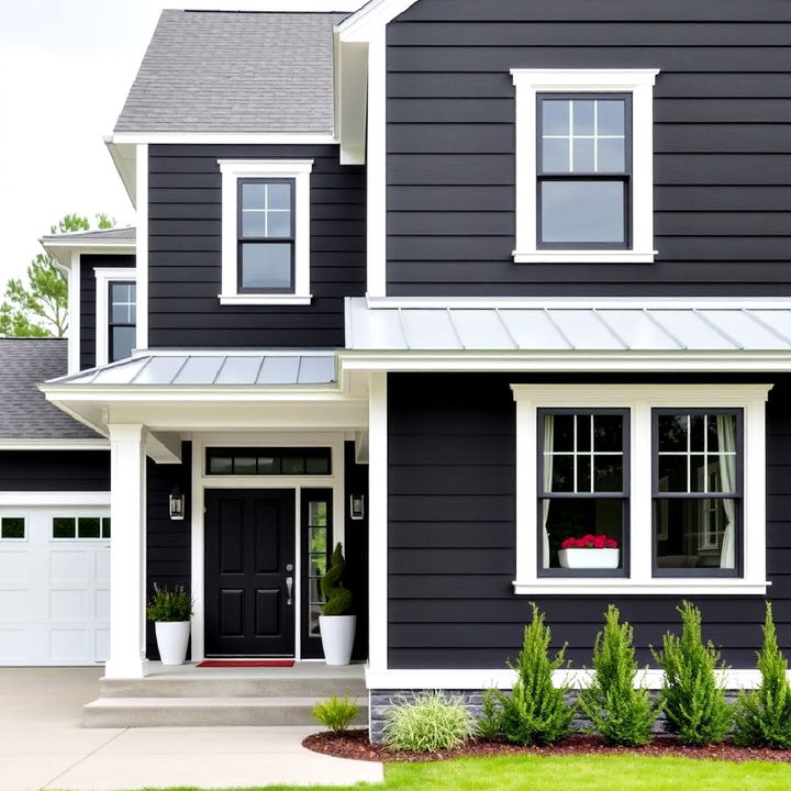 bold black siding farmhouse with contrasting trim