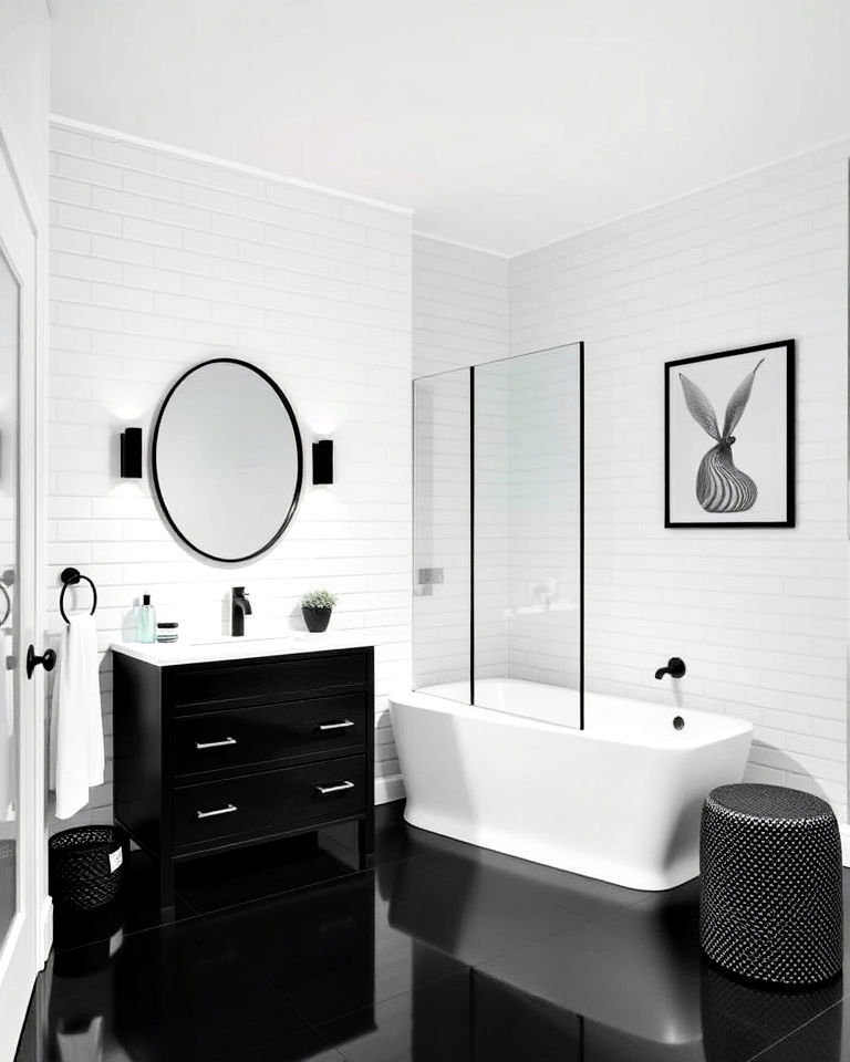 bold black vanity and floor with white bathroom walls