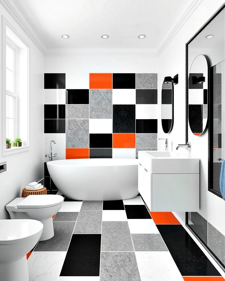 bold color block mosaic tile for bathroom floor