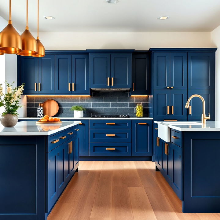 bold indigo cabinets with angular gold handles