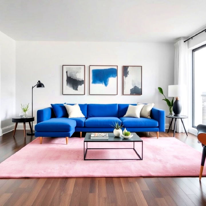 bold modern look with a blue sofa and pink rug for living room