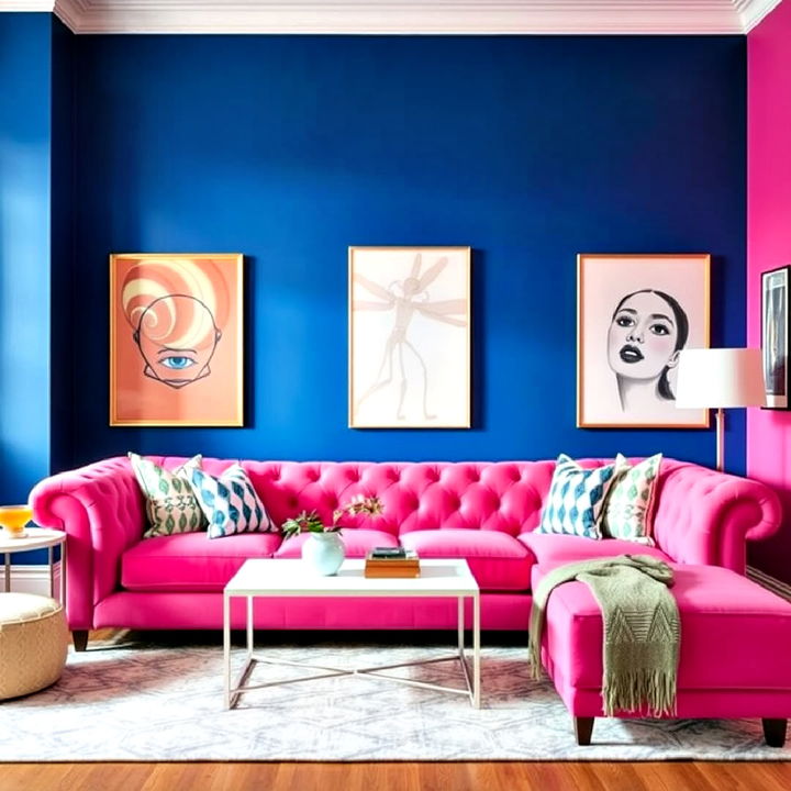 bold pink sofa set against a deep blue feature wall