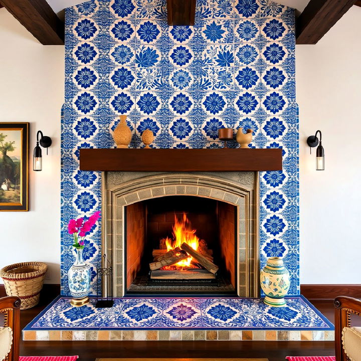 bold talavera tile fireplace