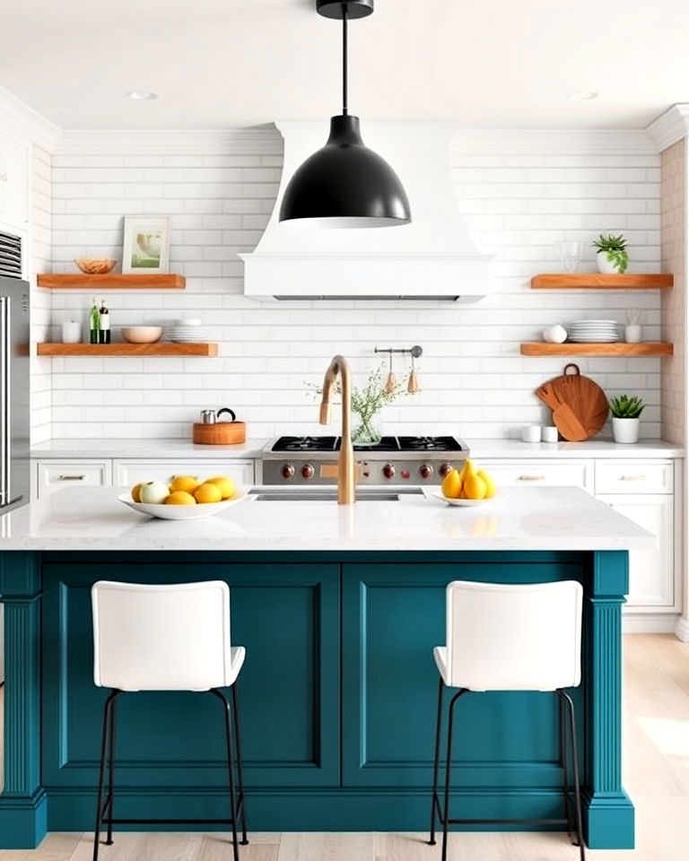 bold teal island with subtle white tile backsplash