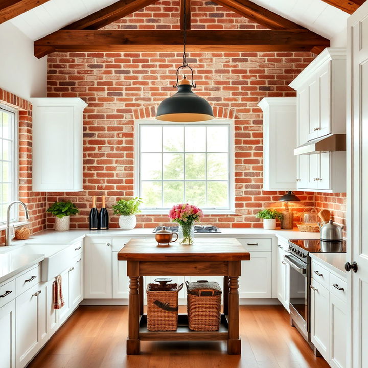 brick accent wall to add a rustic to a farmhouse kitchen