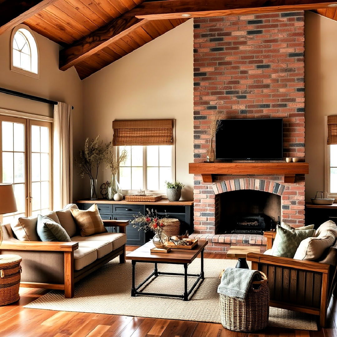 brick fireplace and earthy color palette