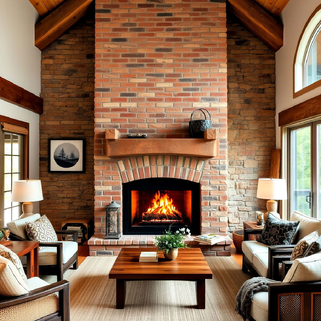 brick fireplace and natural stone combination