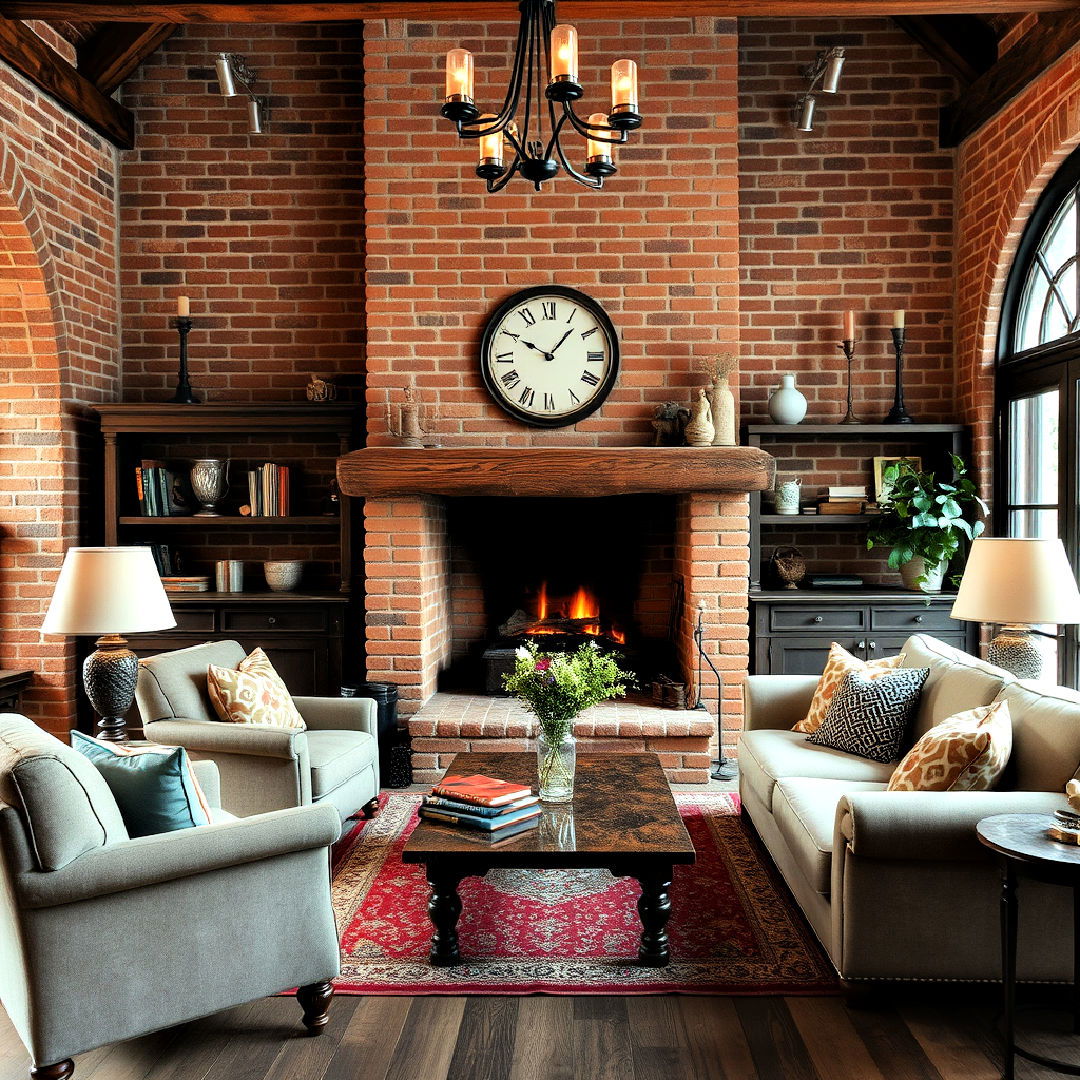 brick fireplace with vintage décor idea