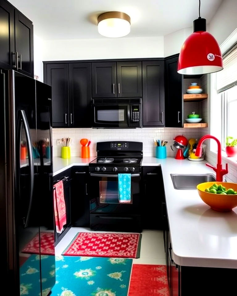 bright accents with black appliances kitchen