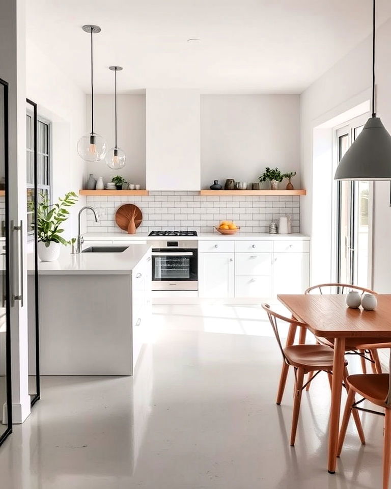 bright and airy white concrete kitchen floor