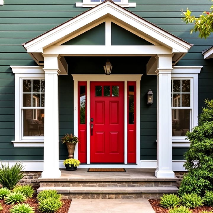 bright red front door with dark green exterior home