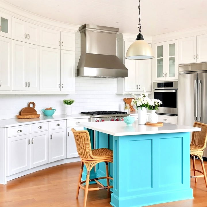 bright white cabinets with a refreshing aqua island