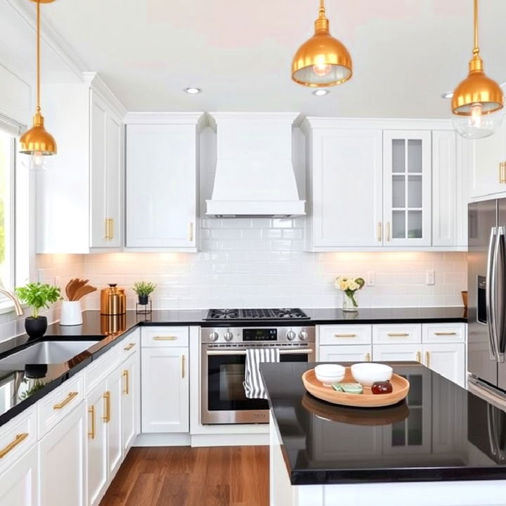 bright white cabinets with bold black countertops and golden lighting