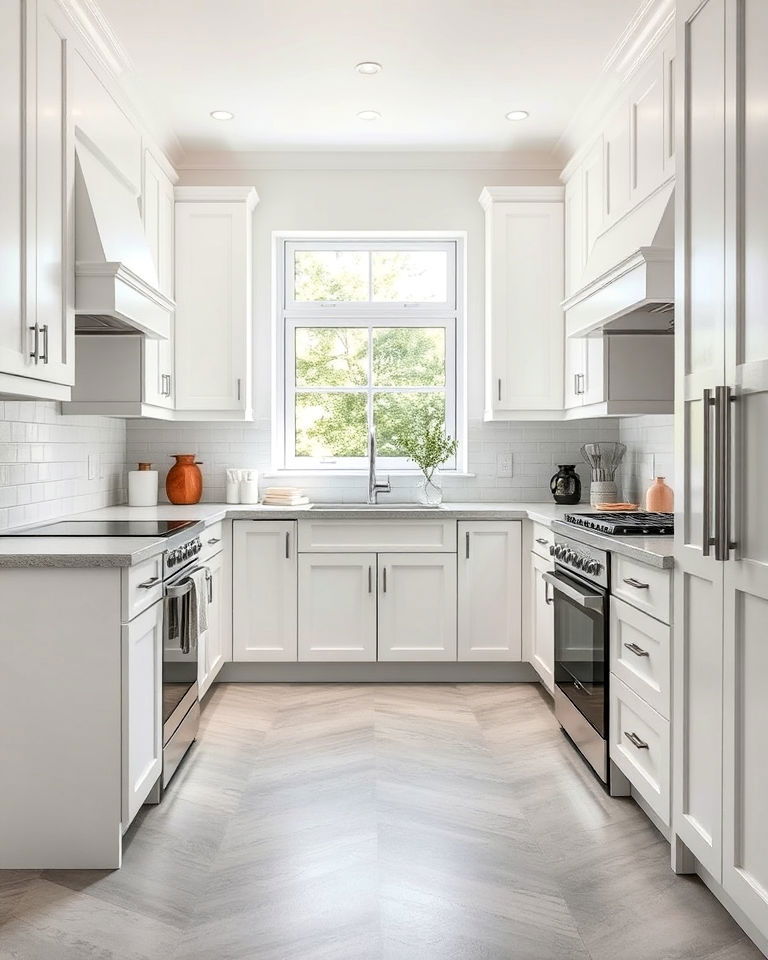 bright white cabinets with grey floor idea