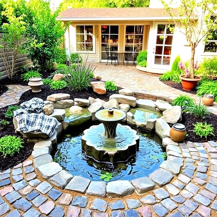 bring calm to your patio with water features on cobblestone