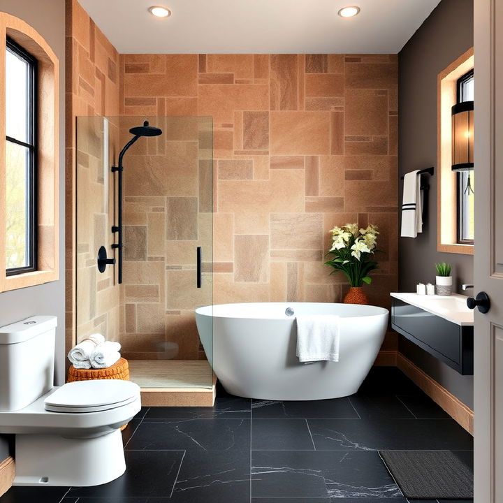 brown stone elegance bathroom with black slate flooring