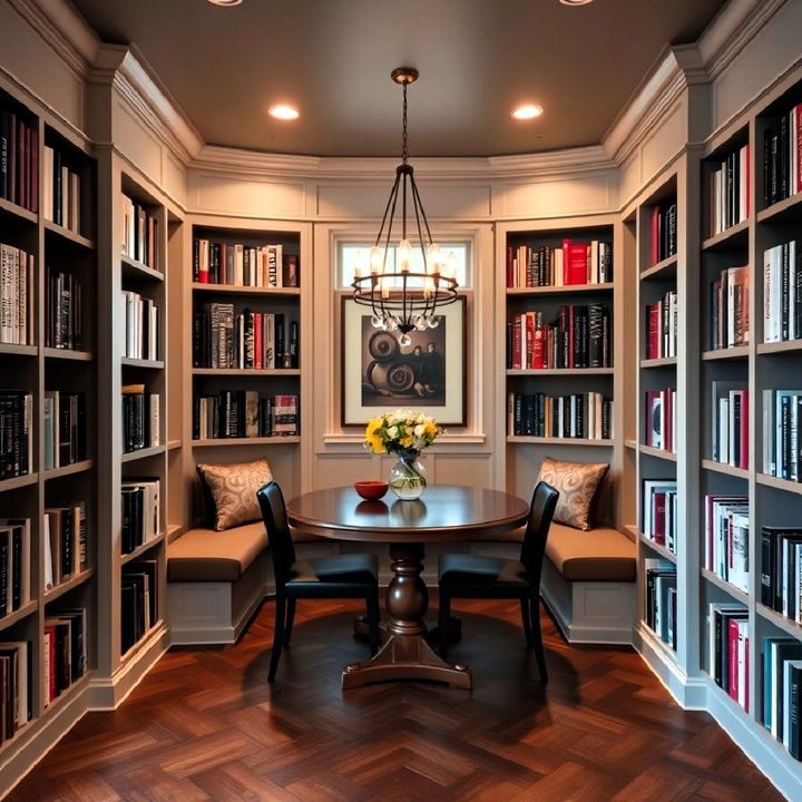 built in bookshelves with a cozy dining nook