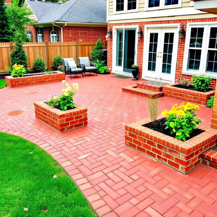 built in planters for red paver patio