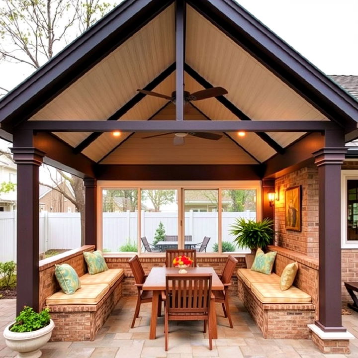 built in seating with gable patio roof