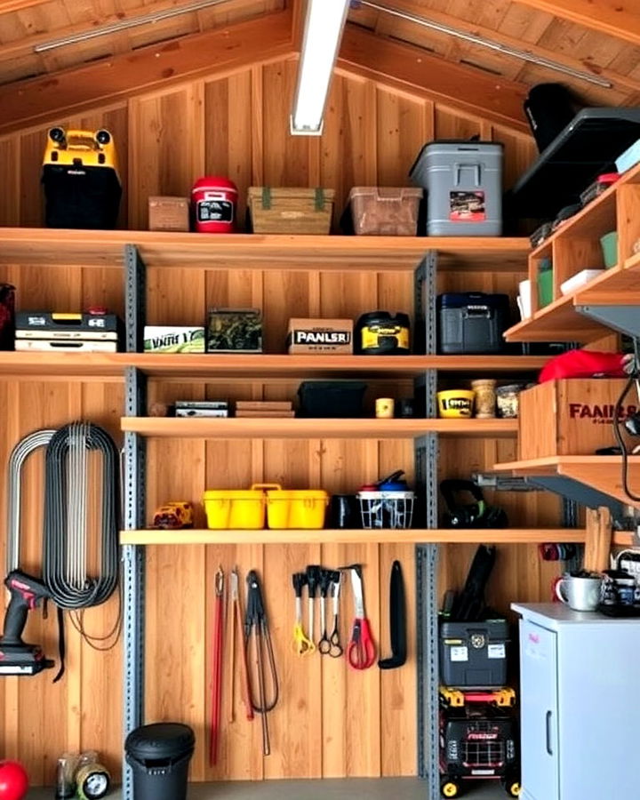 built in shelving unit to keep pole barn organized