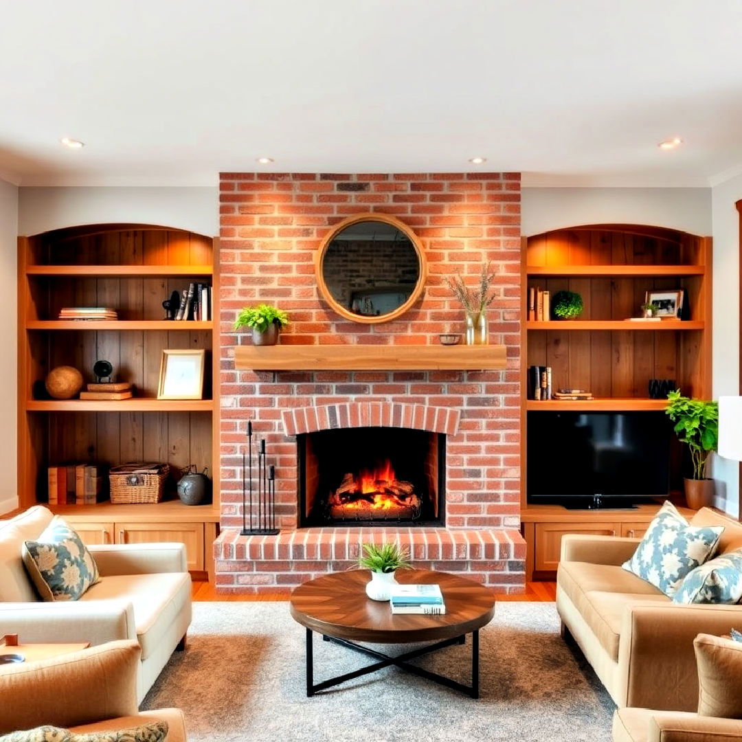 built in wooden shelving for rustic living room