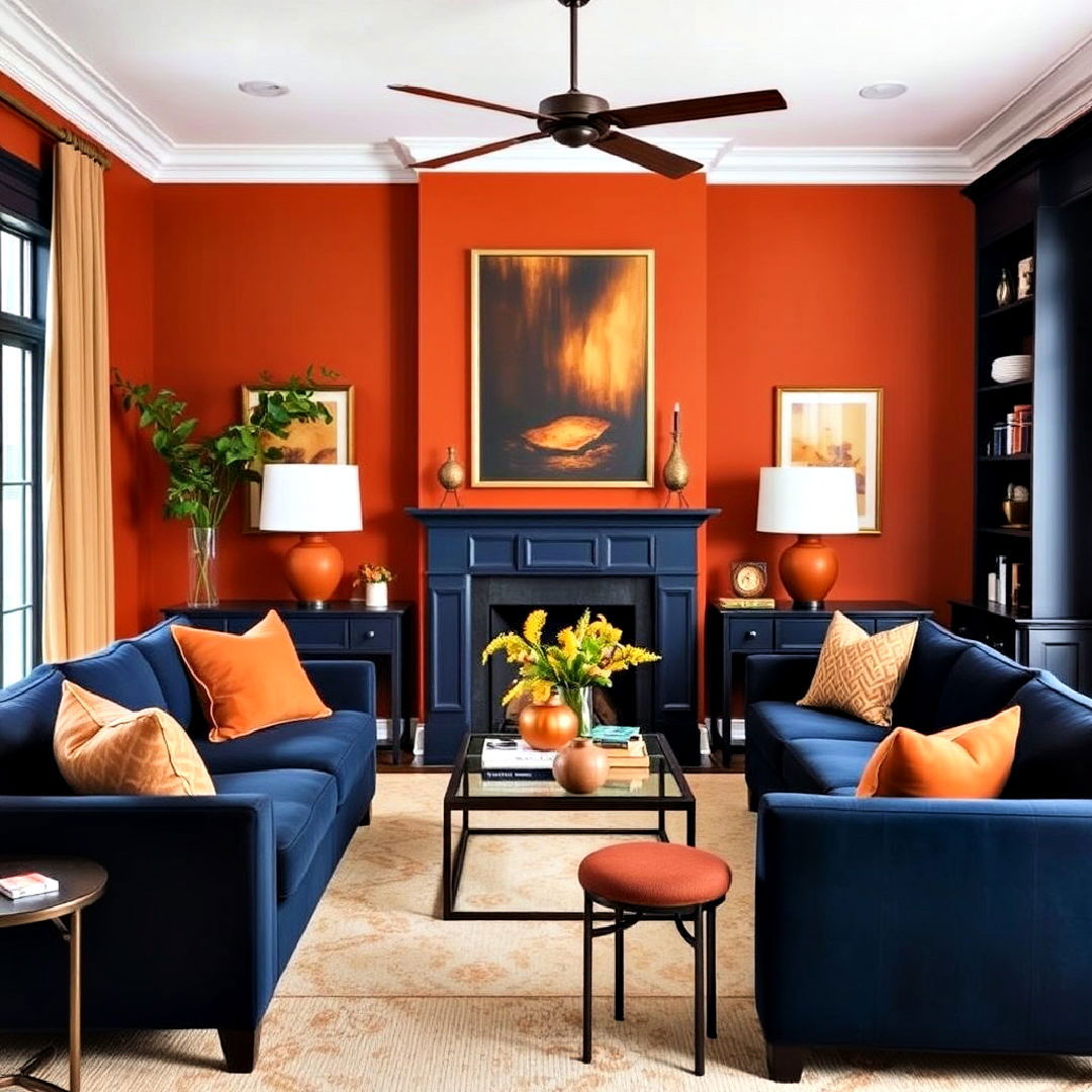 burnt orange accents paired with navy blue furniture