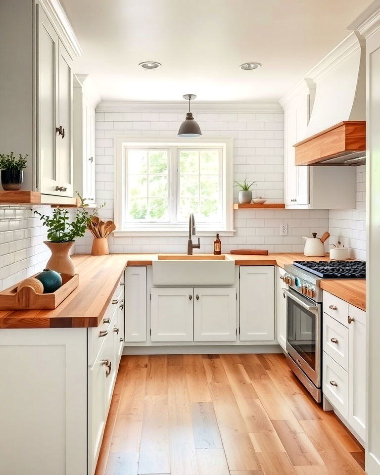 butcher block countertop with white cabinets