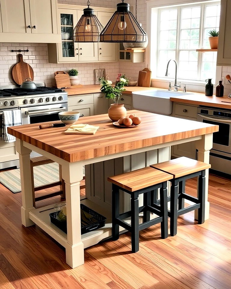 butcher block island with seating