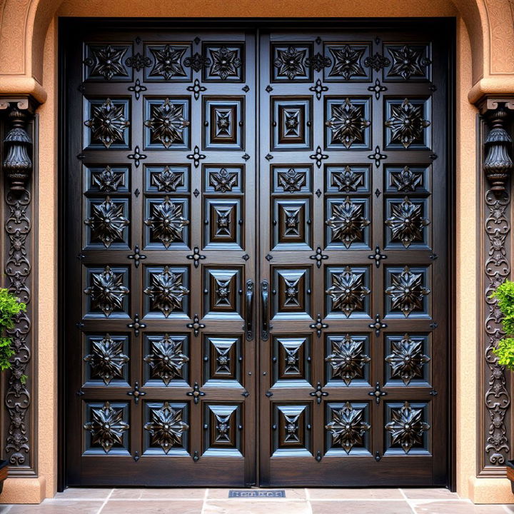 carved wooden entrance door with moorish patterns