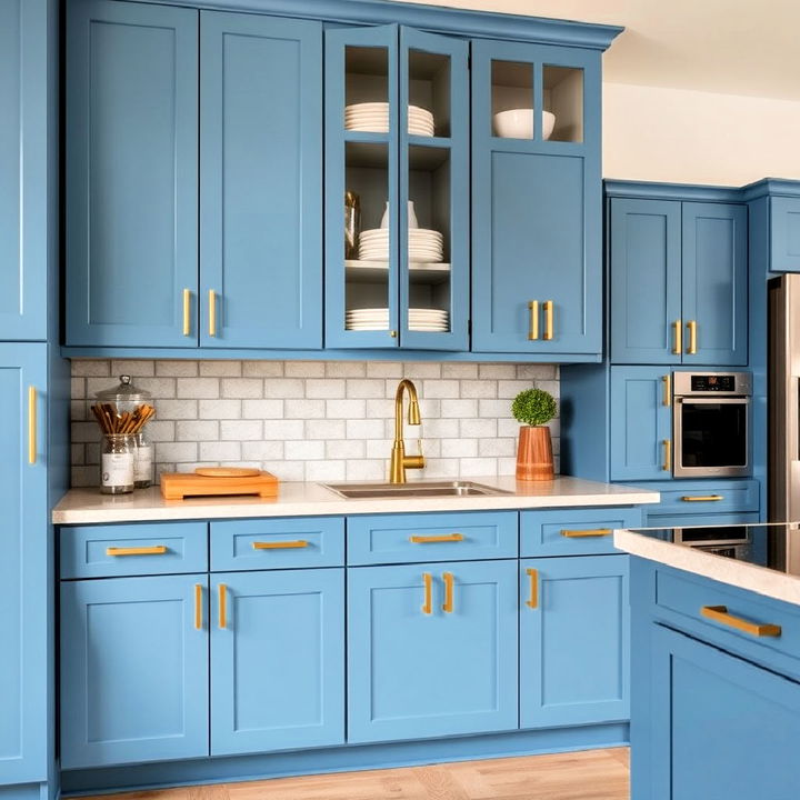 casual denim blue cabinets and brushed gold bar handles