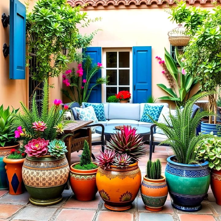 ceramic planters to add a colorful touch to a courtyard