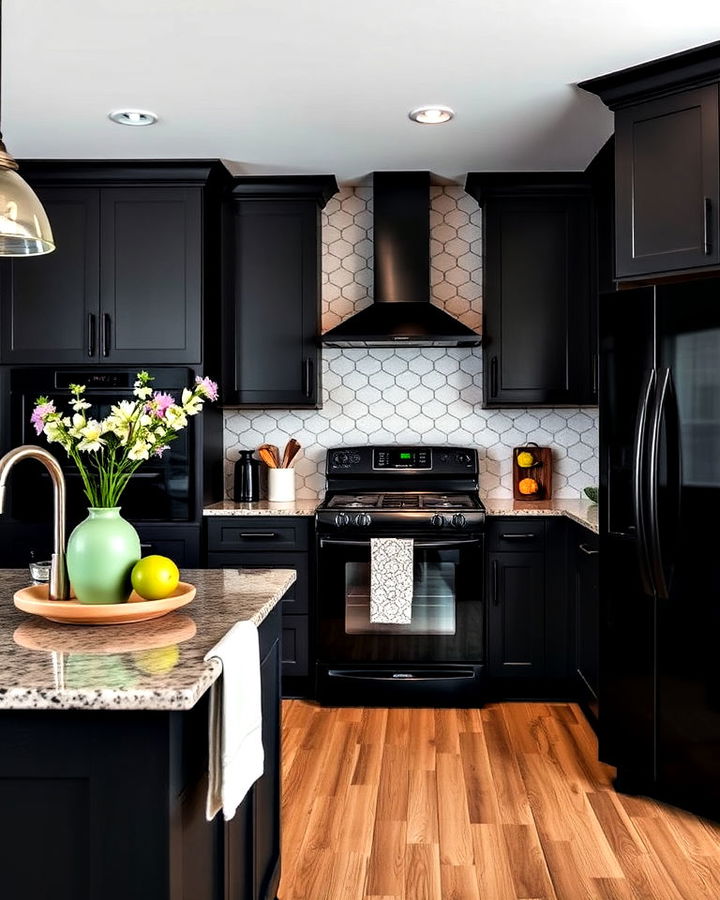 charcoal cabinets with black appliances