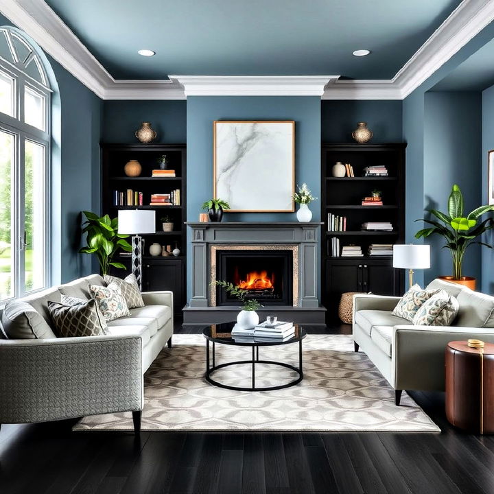 charcoal grey floors complemented by powder blue walls