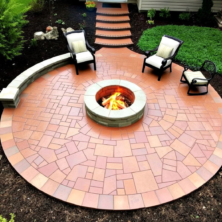 charming rustic stamped concrete with cozy fire pit