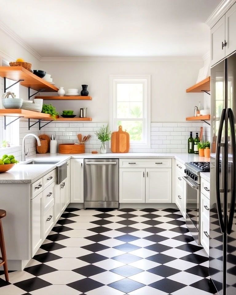 checkerboard kitchen floor with open shelving display