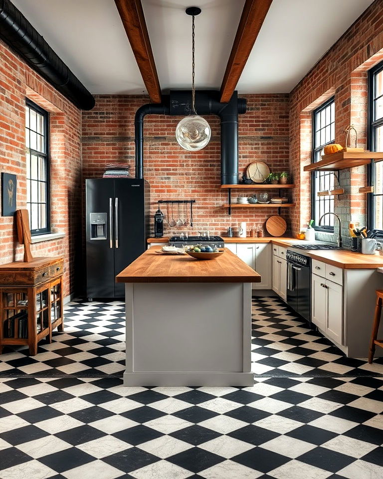 checkered floor for an industrial kitchen design