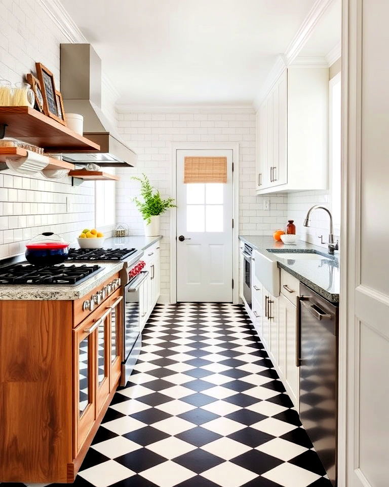 checkered floor for narrow galley style kitchens