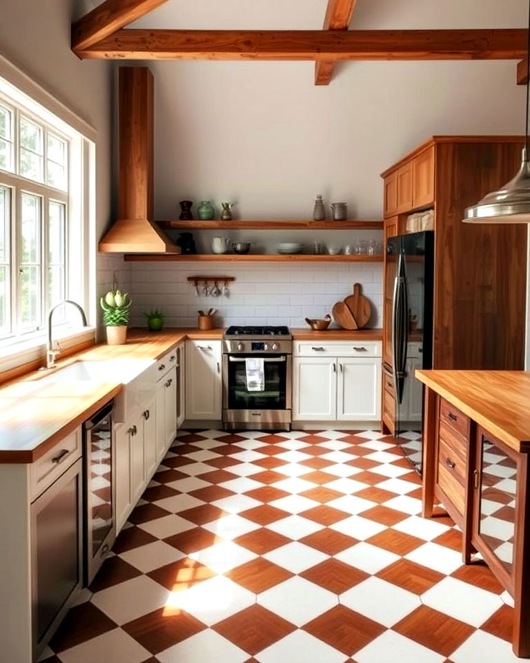 checkered floor to complement wooden kitchen decor