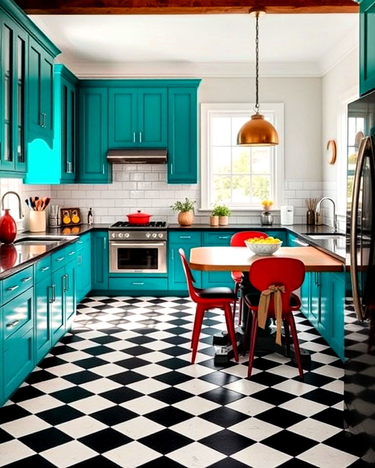 checkered floor with bold kitchen cabinetry