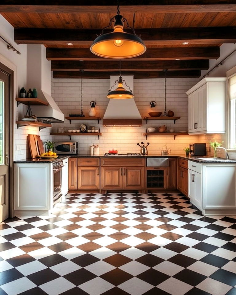 checkered floor with bright kitchen lighting